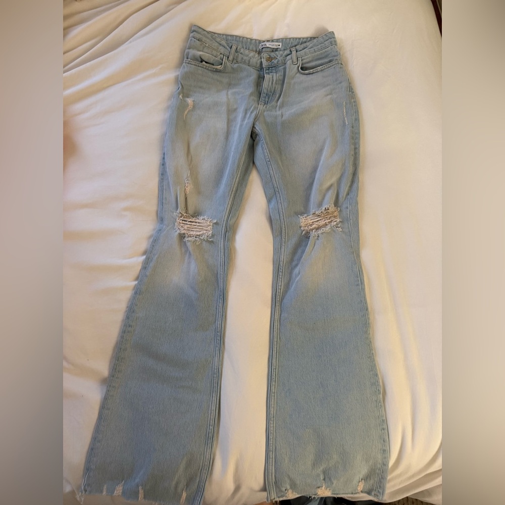 Zara Light Wash Distressed Flare Jeans
